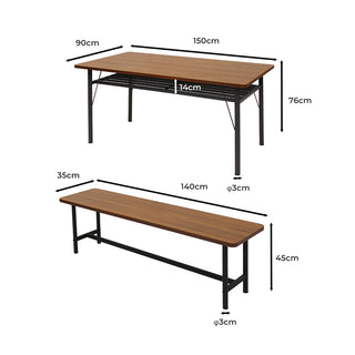 Levede 1x Dining Table +1x Bench Set Steel Home Kitchen Farmhouse Brown-1843791406230016002