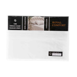 Royal Comfort 1200 Thread count Damask Stripe Cotton Blend sheet sets Queen White-1833647268830515202