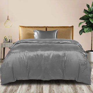 DreamZ Silky Satin Quilt Cover Set Bedspread Dark Grey Single-1831593003689578502