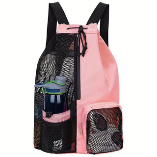 Pink Mesh Drawstring Swim Backpack with Wet Pocket - Lightweight Beach, Gym, Outdoor Sports Bag - 245g