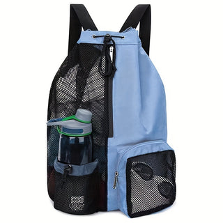 Blue Mesh Drawstring Swim Backpack with Wet Pocket - Lightweight Beach, Gym, Outdoor Sports Bag - 245g