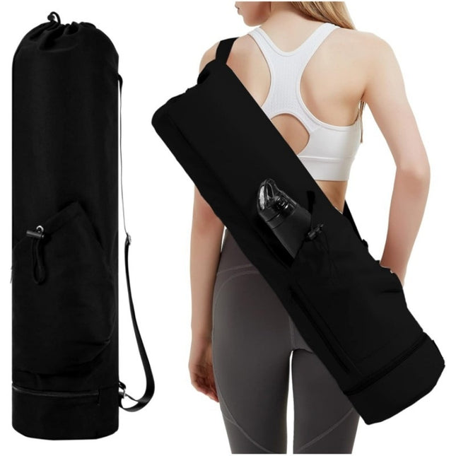 Black Durable Yoga Mat Carry Bag ‚Äì Multi-Functional Fitness Backpack with Wet Pocket(Mugs are filming props, not included)