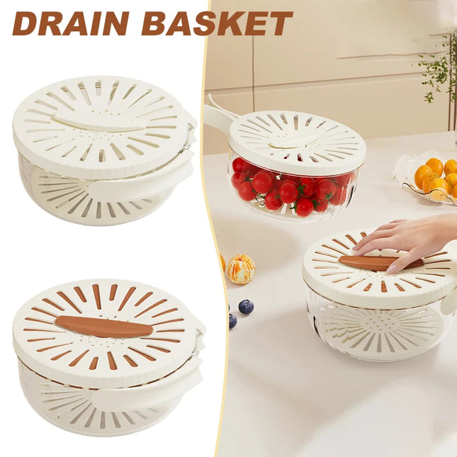 2PCS Brown Double-Layer Fruit and Vegetable Drain Basket - Multifunctional Collapsible Kitchen Strainer with Handle for Washing and Storage