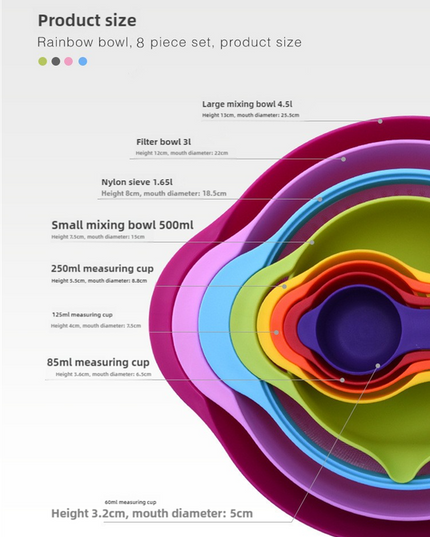 Blue 8-Piece Baking Tool Set – Measuring Cups, Spoons, Rainbow Mixing Bowls, Vegetable Washing Basket, and Flour Sifter