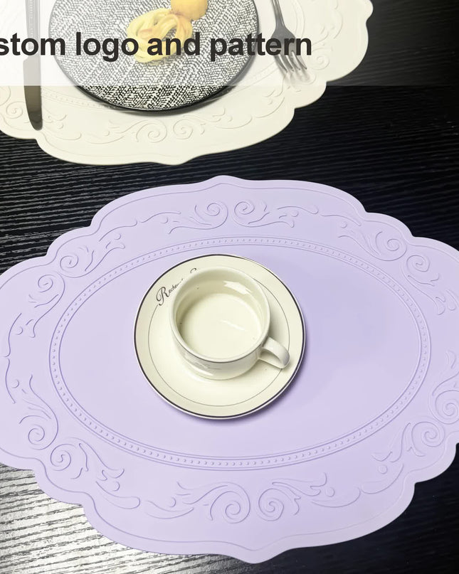 2 Pcs Purple Oval Embossed Floral Edged Silicone Placemats, Non-Slip, Heat-Resistant, Easy-to-Clean Dining Table Mats, Korean and European Style