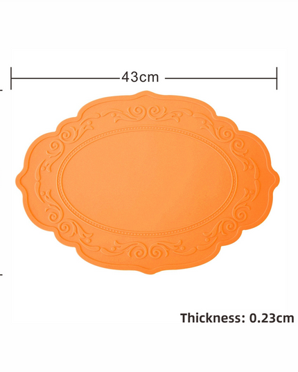 2 Pcs Orange Oval Embossed Floral Edged Silicone Placemats, Non-Slip, Heat-Resistant, Easy-to-Clean Dining Table Mats, Korean and European Style