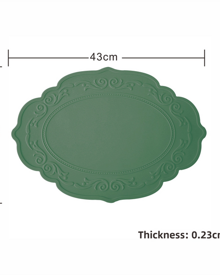 2 Pcs Green Oval Embossed Floral Edged Silicone Placemats, Non-Slip, Heat-Resistant, Easy-to-Clean Dining Table Mats, Korean and European Style