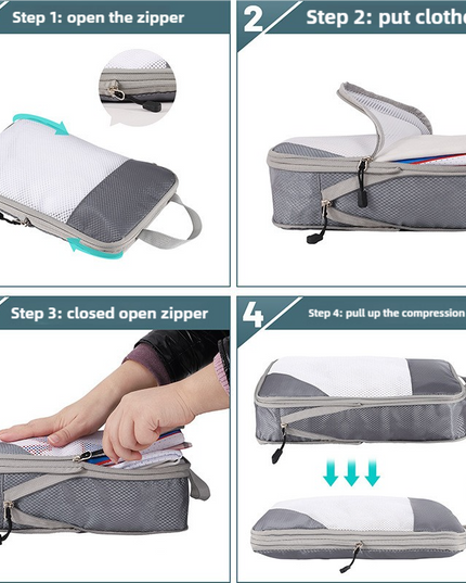 4-piece Set Grey Compression Travel Storage Bags Set, Mesh Travel Organizers for Luggage, Foldable and Space-Saving Packing Cubes