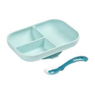 Beaba Silicone Suction Divided Plate & Spoon - Blue-1826048823802335232