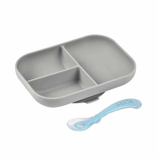 Beaba Silicone Suction Divided Plate & Spoon - Grey-1826048823961718784