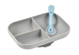 Beaba Silicone Suction Divided Plate & Spoon - Grey-1826048823961718785