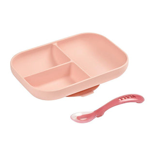 Beaba Silicone Suction Divided Plate & Spoon - Pink-1826048824091742208