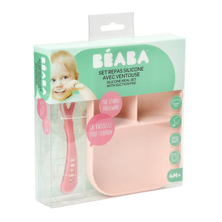 Beaba Silicone Suction Divided Plate & Spoon - Pink-1826048824091742210