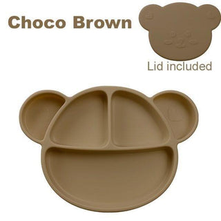 Grosmimi Bear Silicone Suction Food Plate with Silicone Lid Oatmeal-1826048939342827526