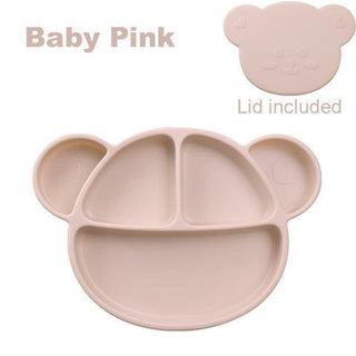 Grosmimi Bear Silicone Suction Food Plate with Silicone Lid Pink-1826048939481239559