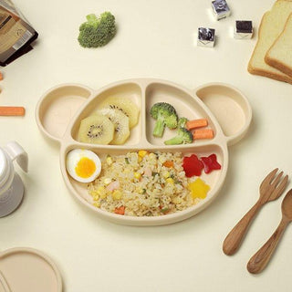 Grosmimi Bear Silicone Suction Food Plate with Silicone Lid Oatmeal-1826048939342827520