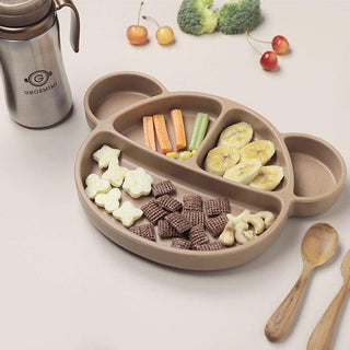 Grosmimi Bear Silicone Suction Food Plate with Silicone Lid Chocolate Brown-1826048939196026882