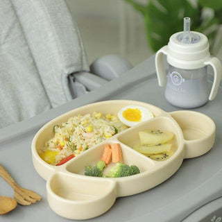 Grosmimi Bear Silicone Suction Food Plate with Silicone Lid Oatmeal-1826048939342827523