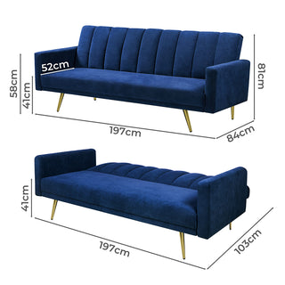 Levede Sofa Bed Convertible Velvet Lounge Recliner Couch Sleeper 3 Seater Blue-1843791294514728962