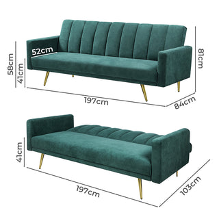 Levede Sofa Bed Convertible Velvet Lounge Recliner Couch Sleeper 3 Seater Green-1831592478604660738